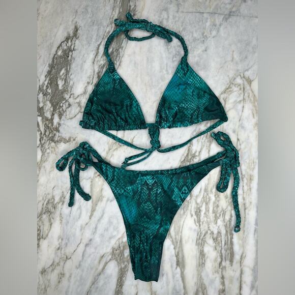 Teal Green Snakeskin Print Braided Strap Cheeky String Bikini Size Small - Picture 1 of 2